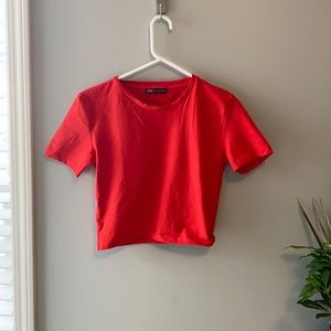 red cropped zara shirt